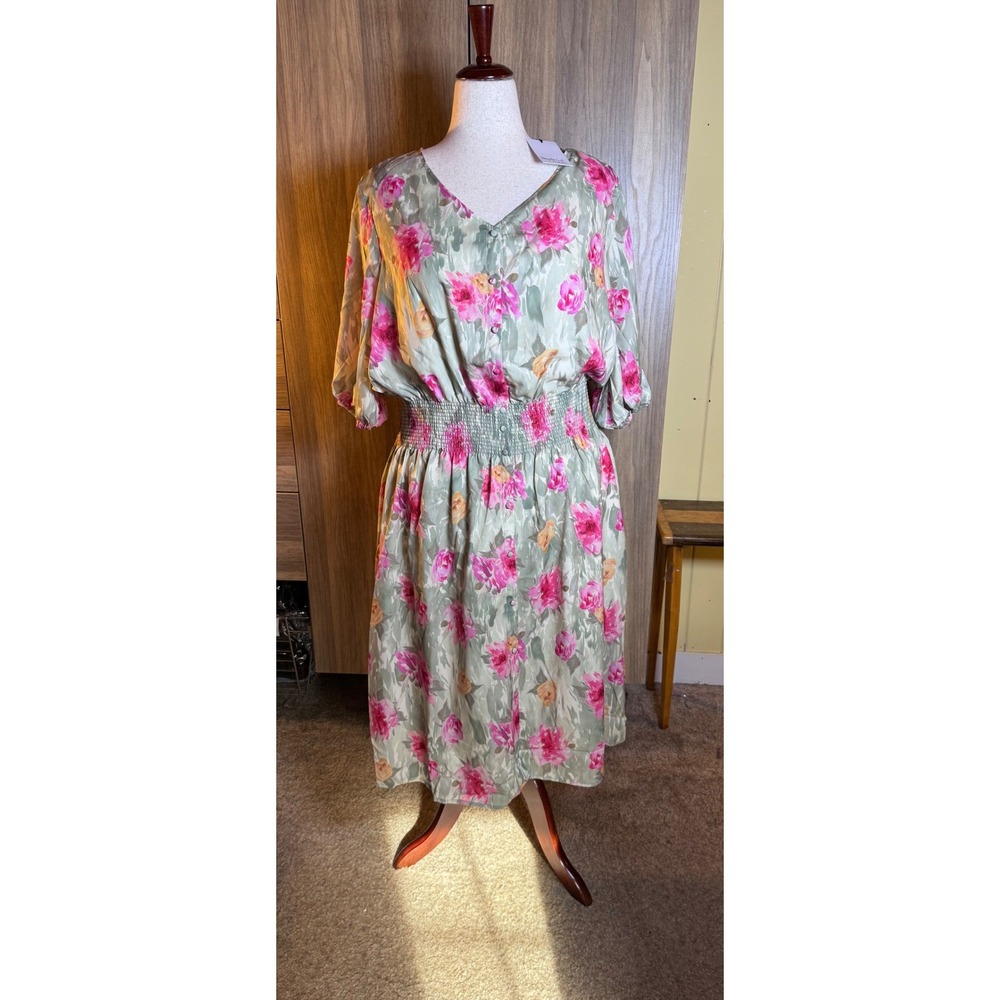 378. StyleList Floral V-Neck Smocked Waist Midi Dress Wedding Guest XL NWT QVC - Picture 2 of 5